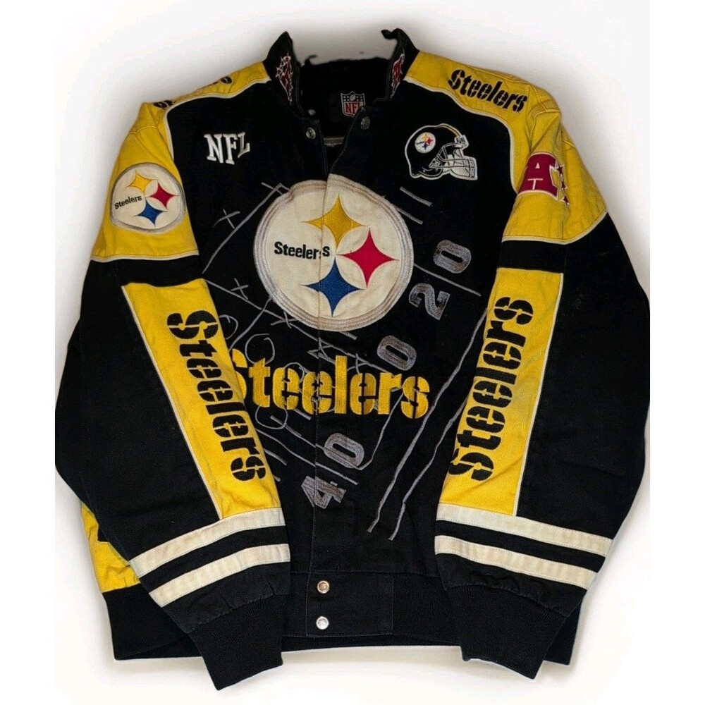NFL Pittsburgh Steelers Racing Style Jacket Black Yellow Mens L Embroidered